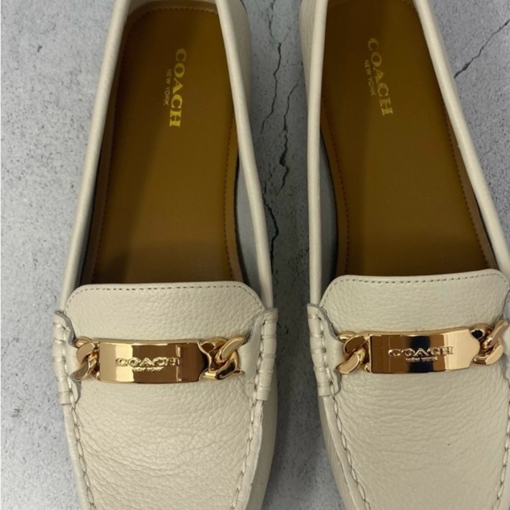 Coach Women's Ivory Leather Loafers with Gold Accent